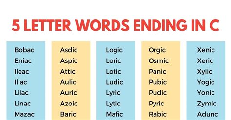 What five letter words end with C There are 38 common five letter words that end with C, which are Antic. . 5 letter word ending in c